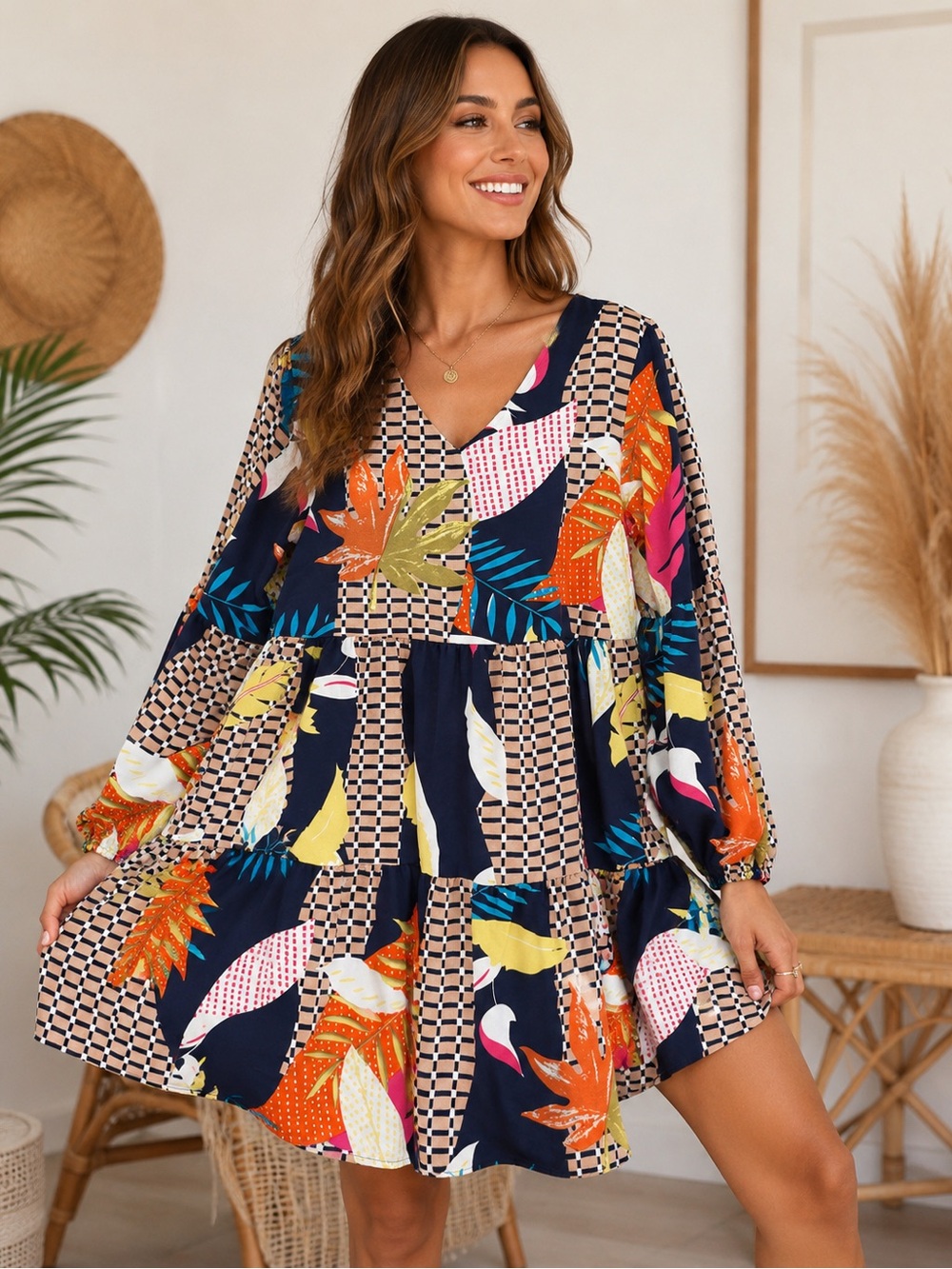 Boho Tropical Patchwork Mini Dress Womens Small Resort Artsy Eclectic Vacation